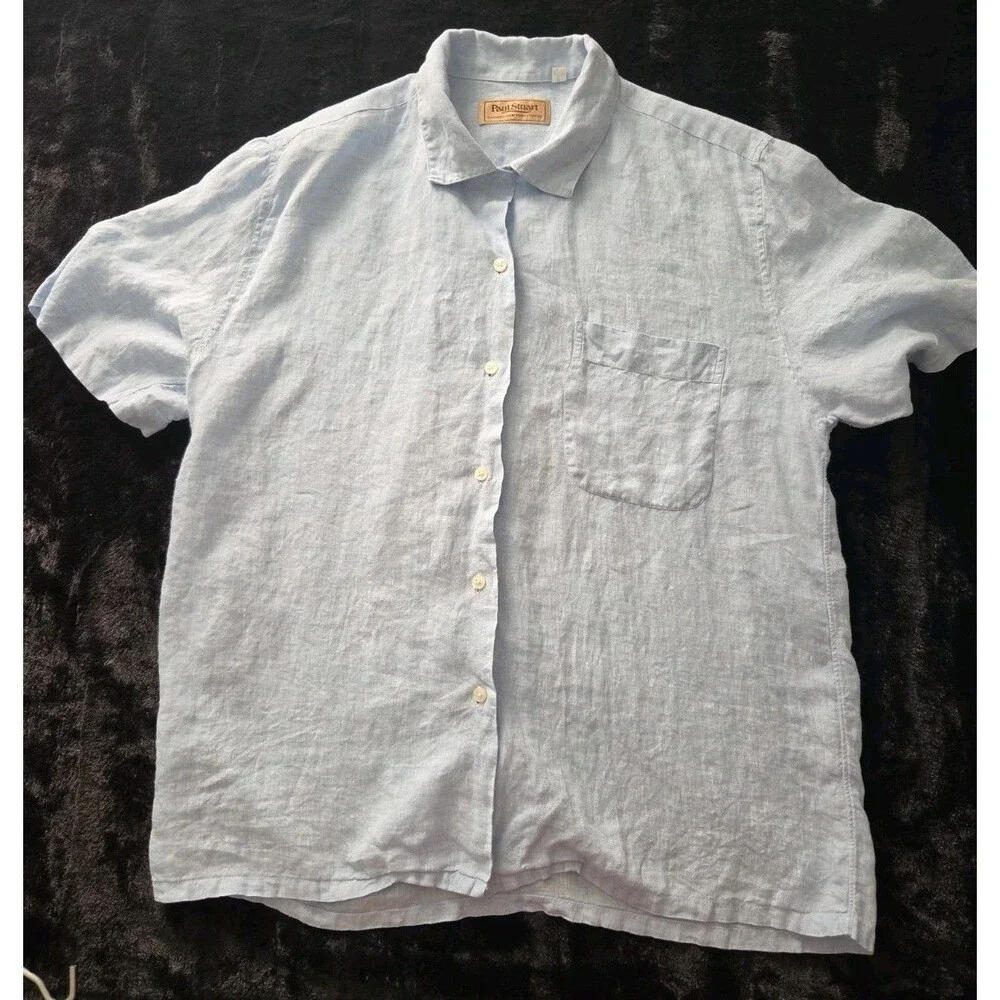 Vintage Paul Stuart Shirt Bundle: White Cotton LS & Light Blue Linen SS (Sz L/M) - Picture 6 of 16